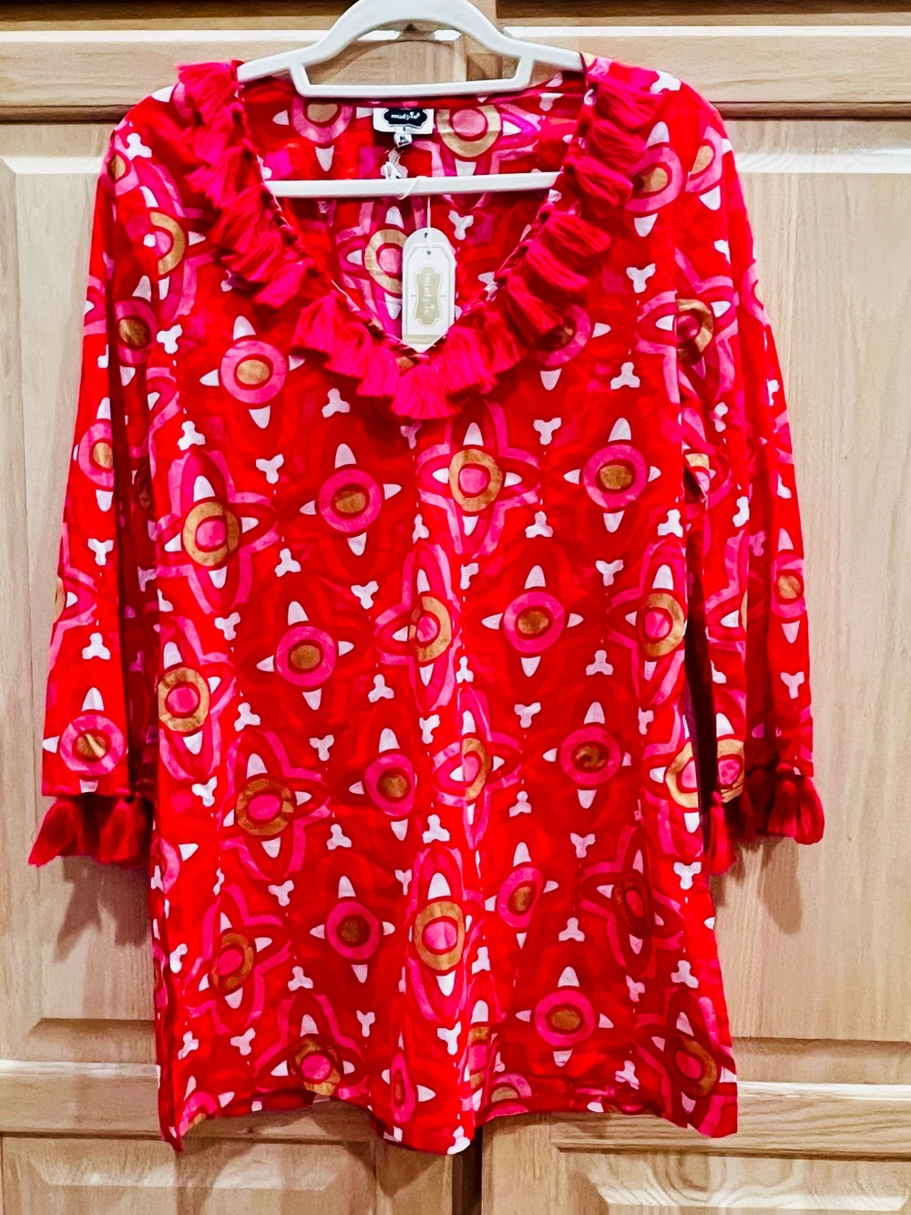 Mud Pie Red and Pink Tassel-Trim Swim Coverup with Gold Accents